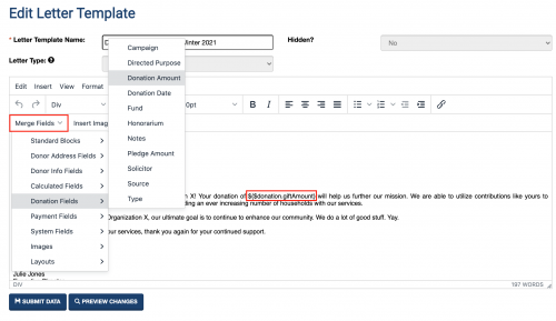 Screenshot showing the Merge Fields feature of the letter template editor