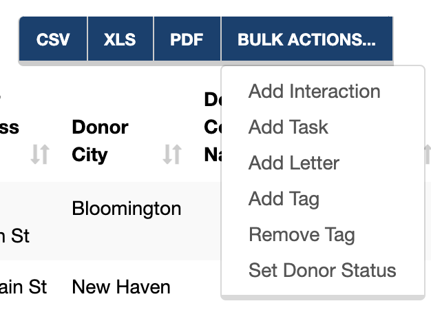 A screenshot of the export and bulk action options