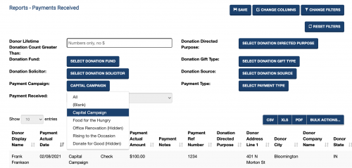 A screenshot showing the reports with the Donation Campaign filter open