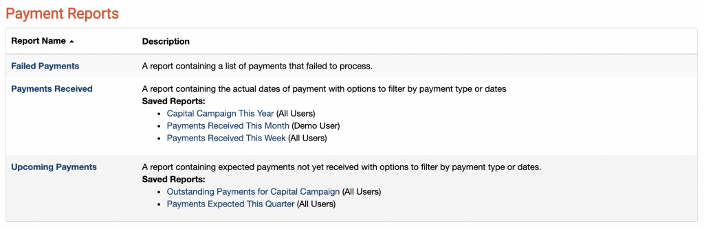 A screenshot showing some saved Payment reports