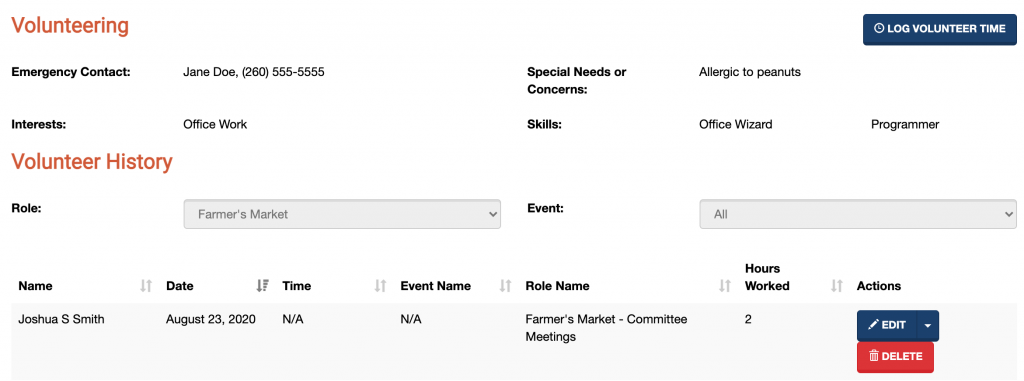 A screenshot of the volunteers tab on a donor's profile