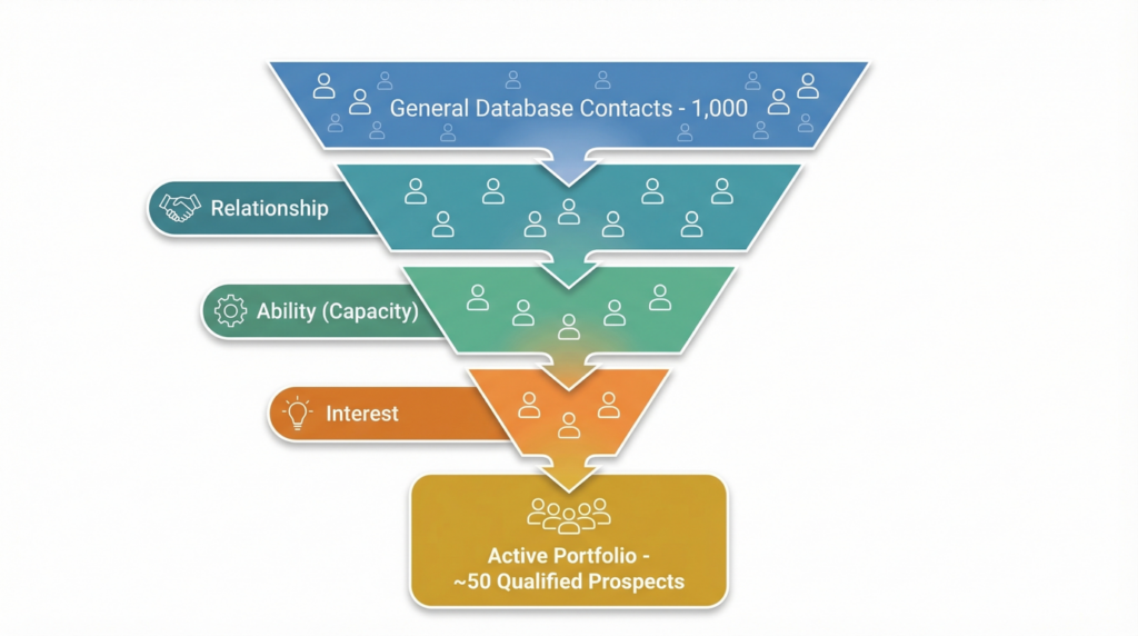 The funnel shows how a large database is filtered down to identify the qualified prospects