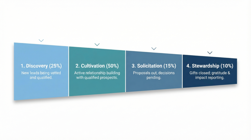 A funnel showing the use of time for Discovery (25%), Cultivation (50%), Solicitation (15%), and Stewardship (10%) for moves management