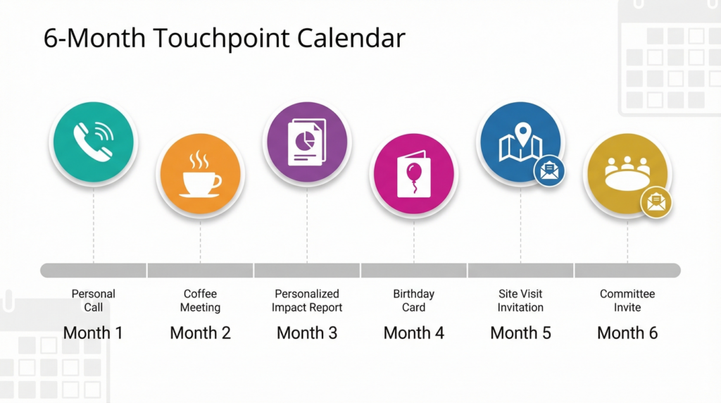 The touchpoint calendar plan includes: Month 1: Personal call → Month 2: Coffee meeting → Month 3: Personalized impact report → Month 4: Birthday card → Month 5: Site visit invitation → Month 6: Committee invite