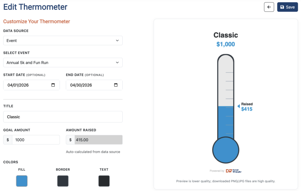 A screenshot of the thermometer builder's functionality
