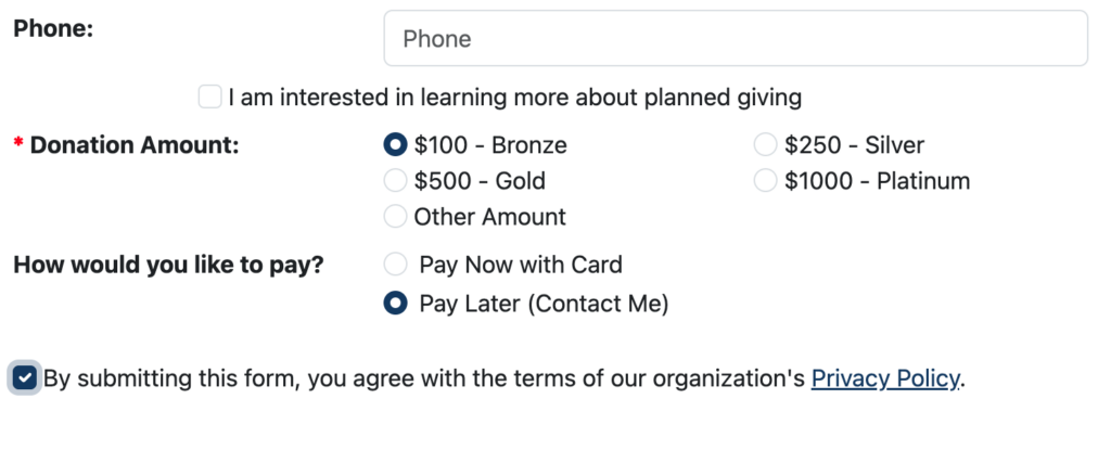 A screenshot of the new "pay later" option on donation forms